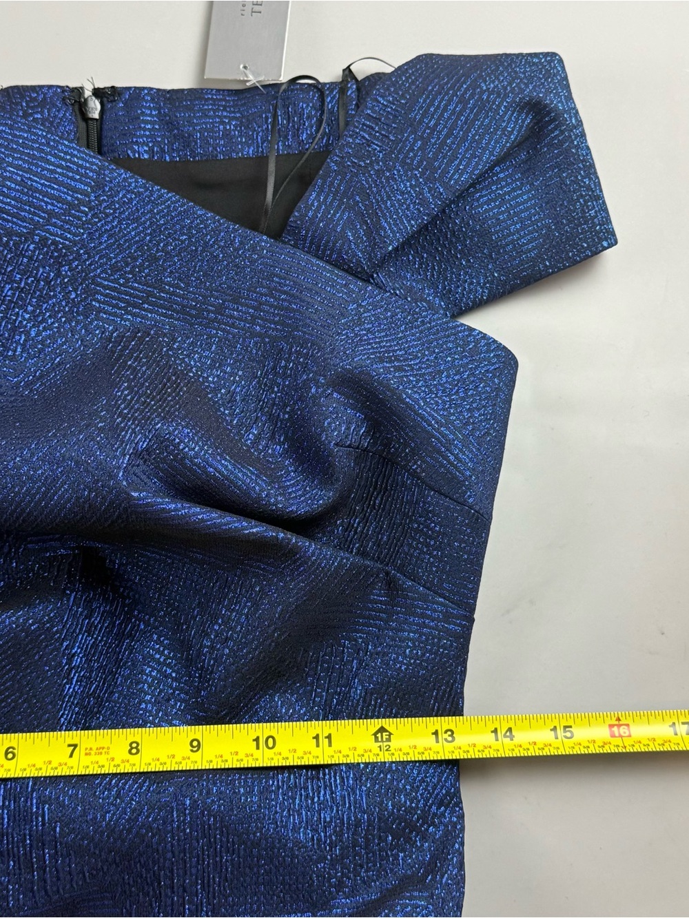 Teri Jon Rickie Freeman Sapphire Blue Metallic Off Shoulder Cocktail Dress 4 - Picture 10 of 14